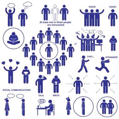 Introverts and extroverts vector pictograms. Set stick human figures clipart