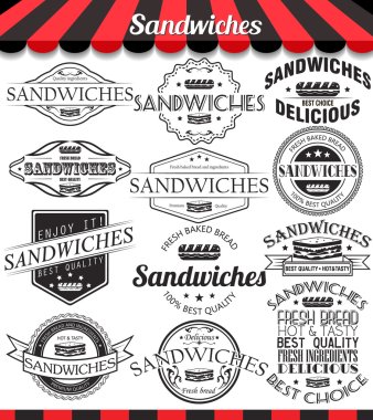 Vector illustration set of sandwiches retro vintage labels, badges and logos. 