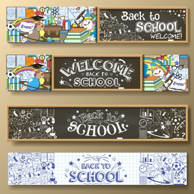 Okula dönüş ile yatay Banner kırtasiye ve diğer derslerde doodle. Standart web Oranlar için.