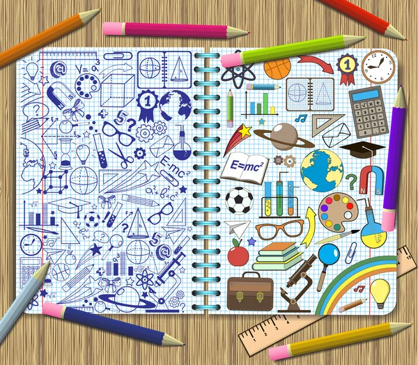 Dessiner des articles scolaires sur une feuille de fond de cahier d'exercices . — Image vectorielle