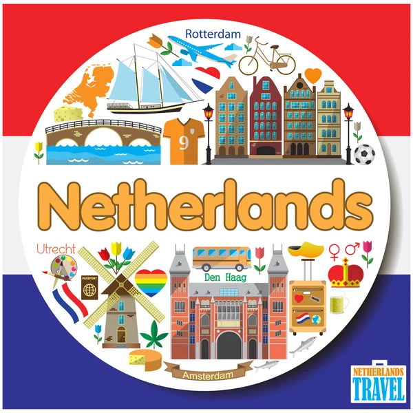 Nederland ronde achtergrond. Vector gekleurde plat pictogrammen en symbolen die set — Stockvector