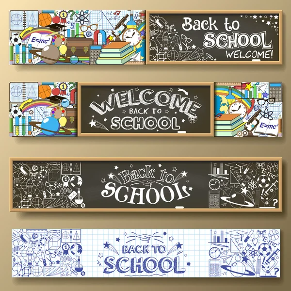 Okula dönüş ile yatay Banner kırtasiye ve diğer derslerde doodle. Standart web Oranlar için.