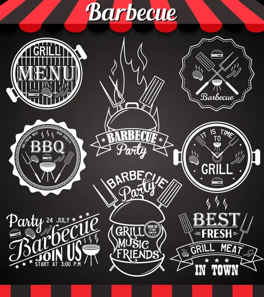 White barbecue party collection of icons, labels, signs, symbols and design elements on blackboard — Stock Vector