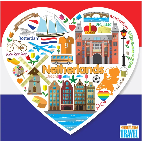 Nederland liefde. Set gekleurde platte vector pictogrammen en symbolen van bezienswaardigheden in de vorm van hart — Stockvector