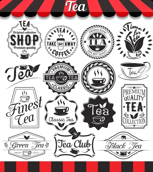 Conjunto de elementos de té retro vintage diseño de estilo, marcos, etiquetas vintage e insignias — Archivo Imágenes Vectoriales