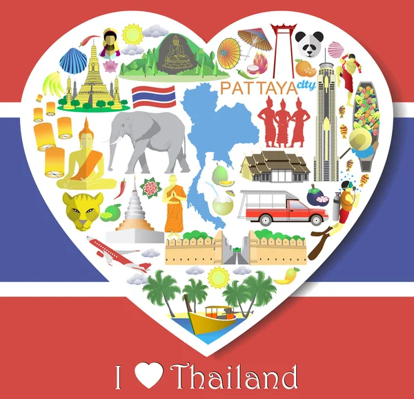 Miłość, Tajlandia. Wektor zestaw ikon i symboli w formie serca — Wektor stockowy