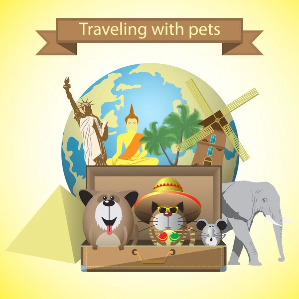 Animais de estimação de viagem. Ilustração vetorial com animais de estimação, mala e marcos mundiais de fundo —  Vetores de Stock