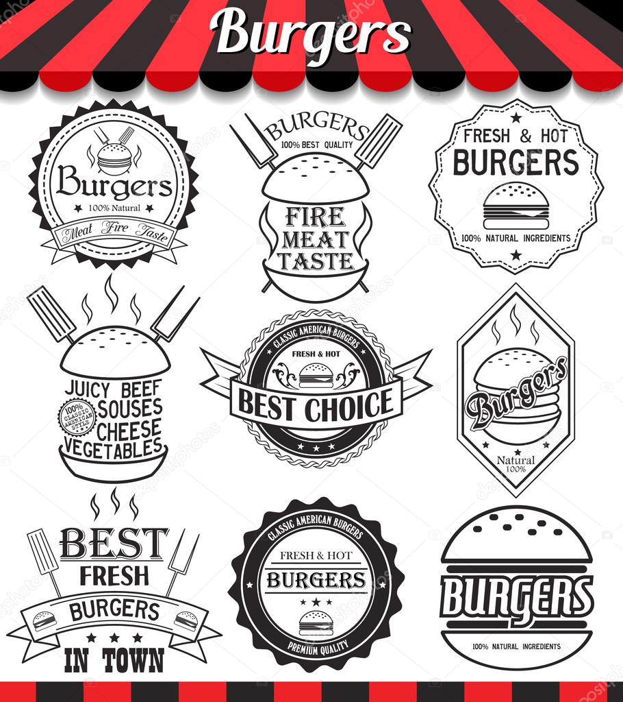 Vector set of labels, stickers,logos and logotypes elements for burger and hamburger 