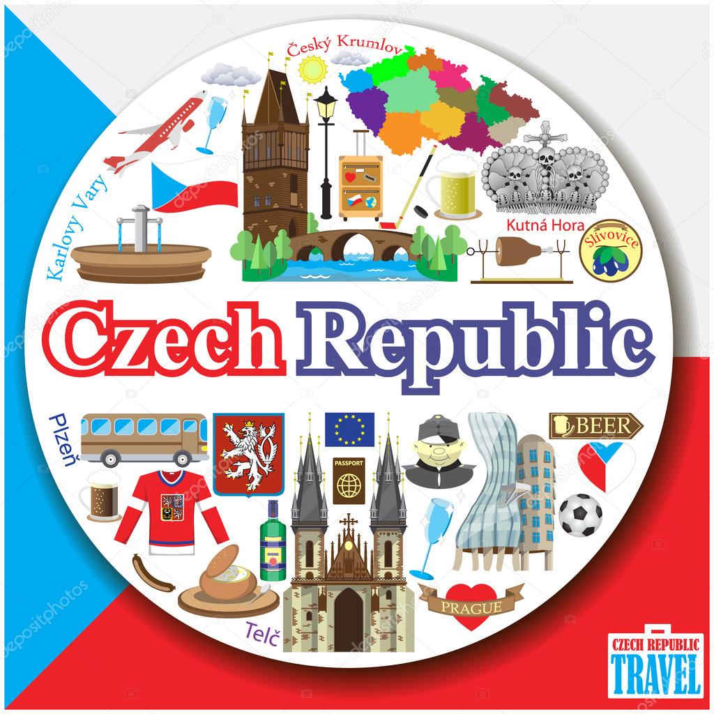 Czech Republic round background. Vector colored flat icons and symbols set