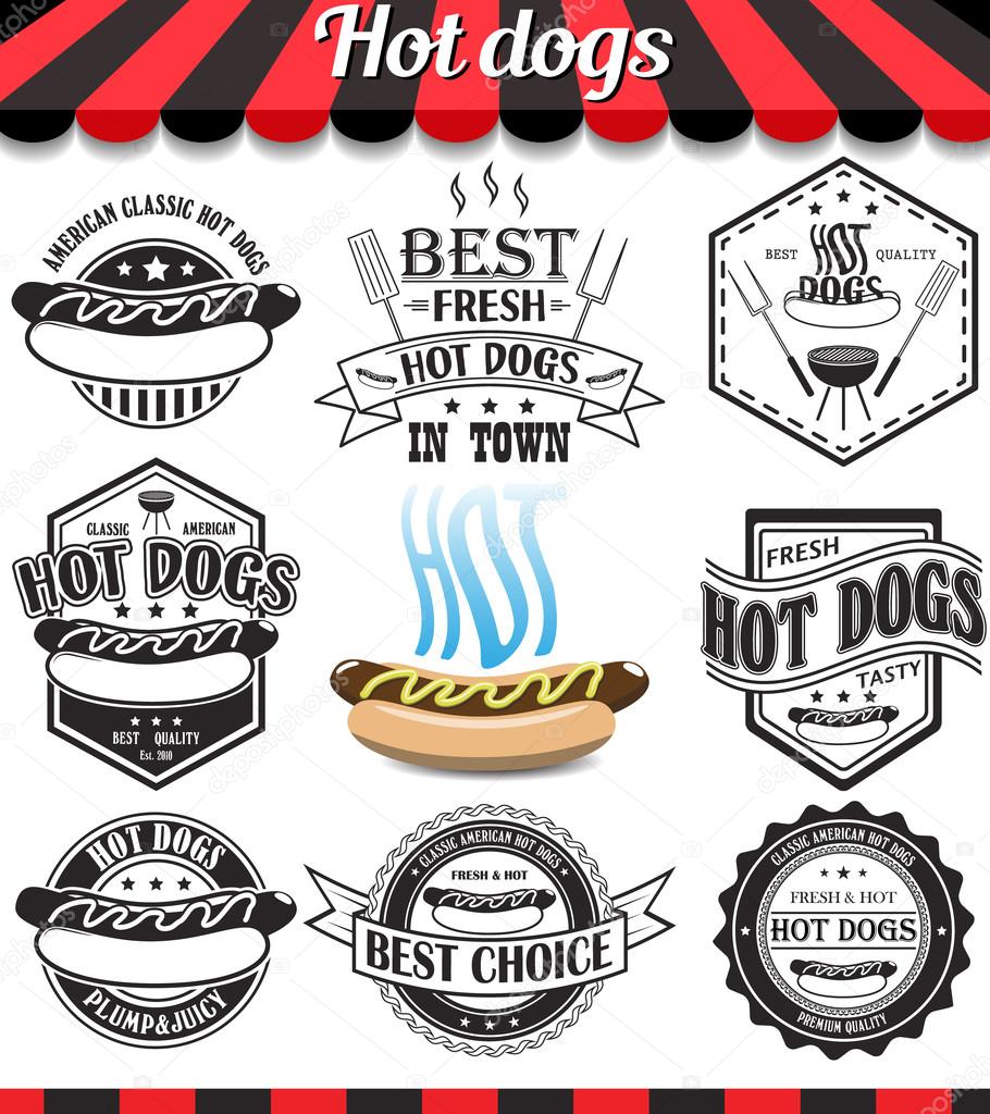 Hot dogs collection of vector signs, symbols and icons. Set of design elements, badges stickers and labels food set.