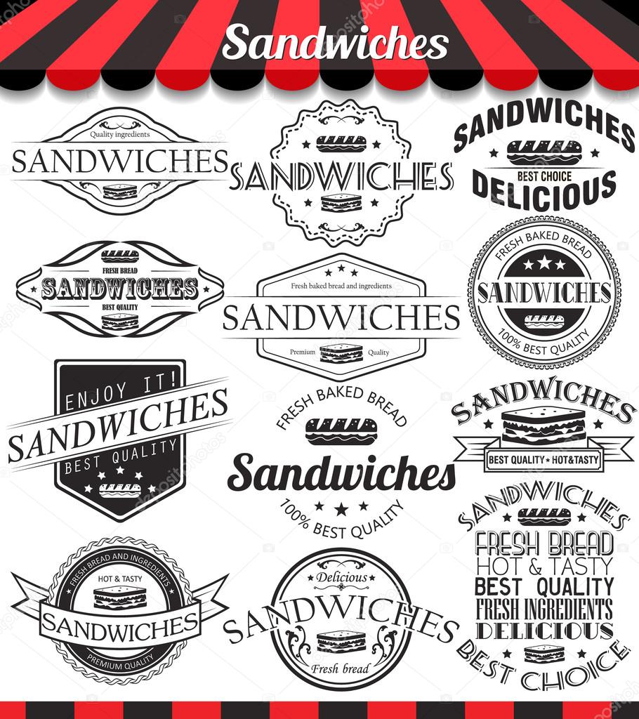Vector illustration set of sandwiches retro vintage labels, badges and logos