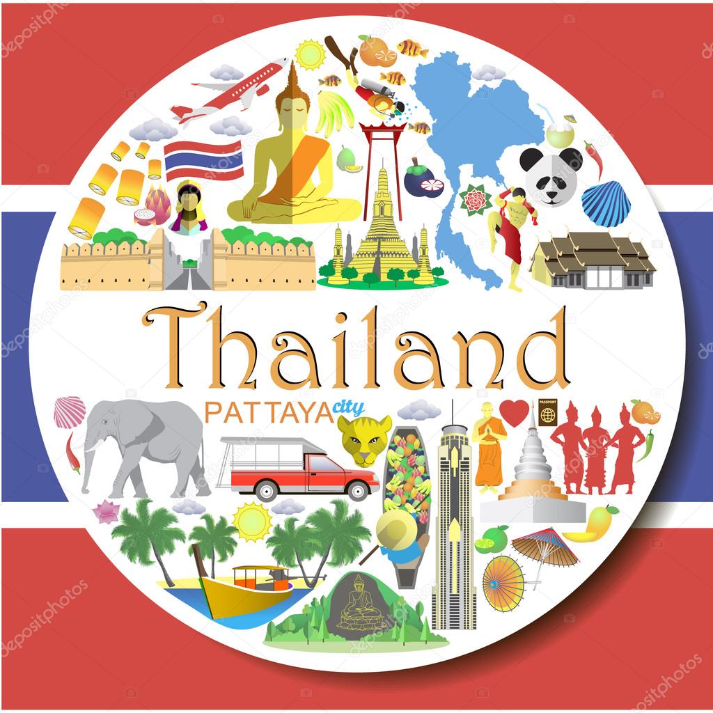 Thailand round background. Set colored flat vector icons and symbols of Thailand
