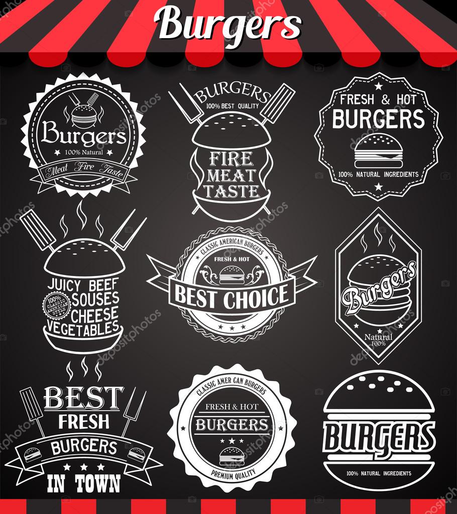 White set burger icons, labels, symbols and badges on blackboard