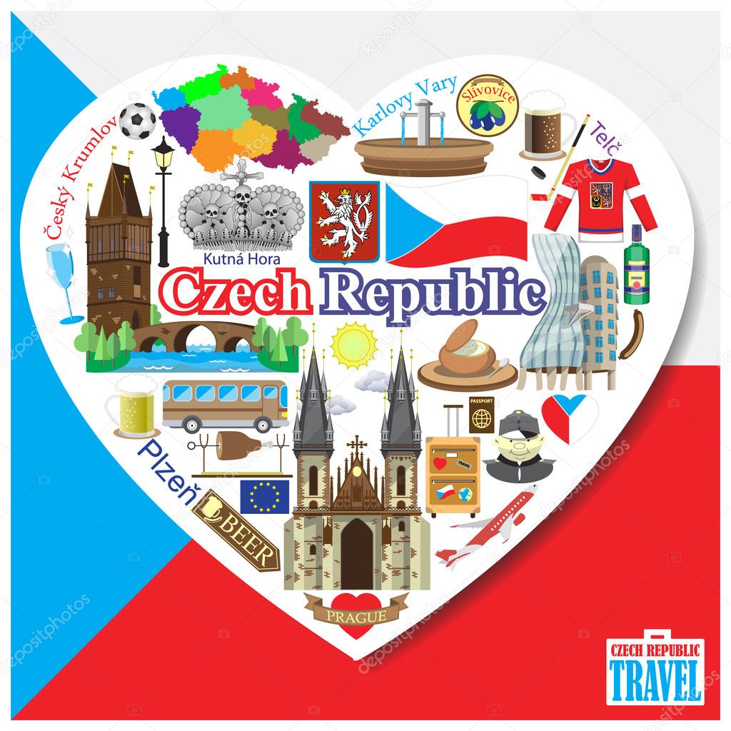Czech Republic love. Vector icons and symbols set of landmarks in form of heart