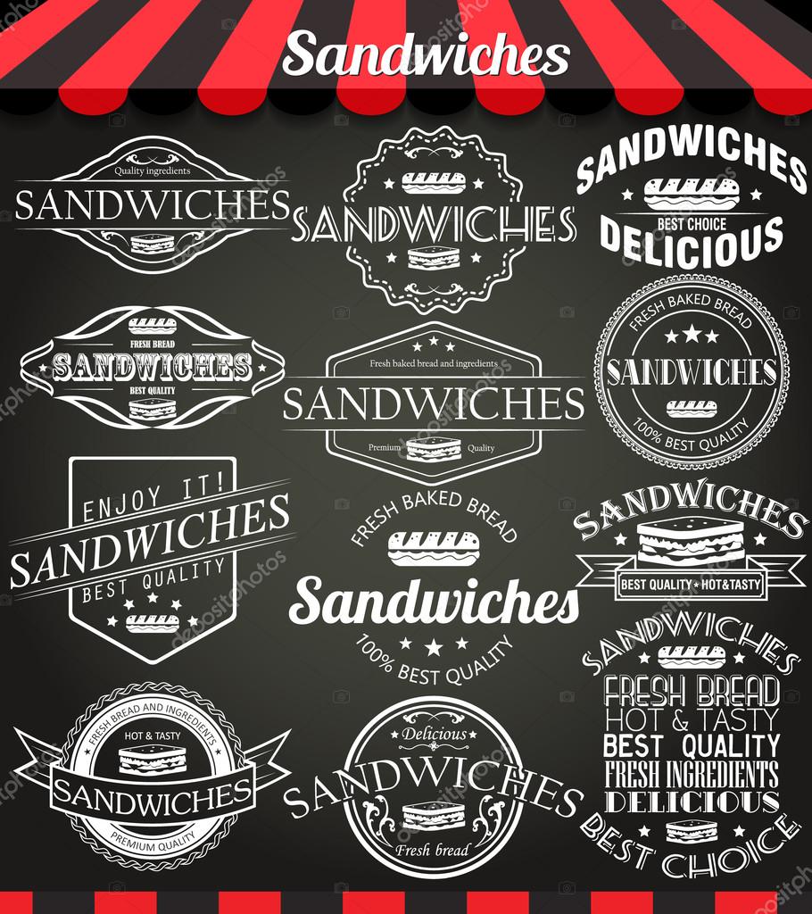 White set of sandwiches retro vintage labels, badges and logos on blackboard.