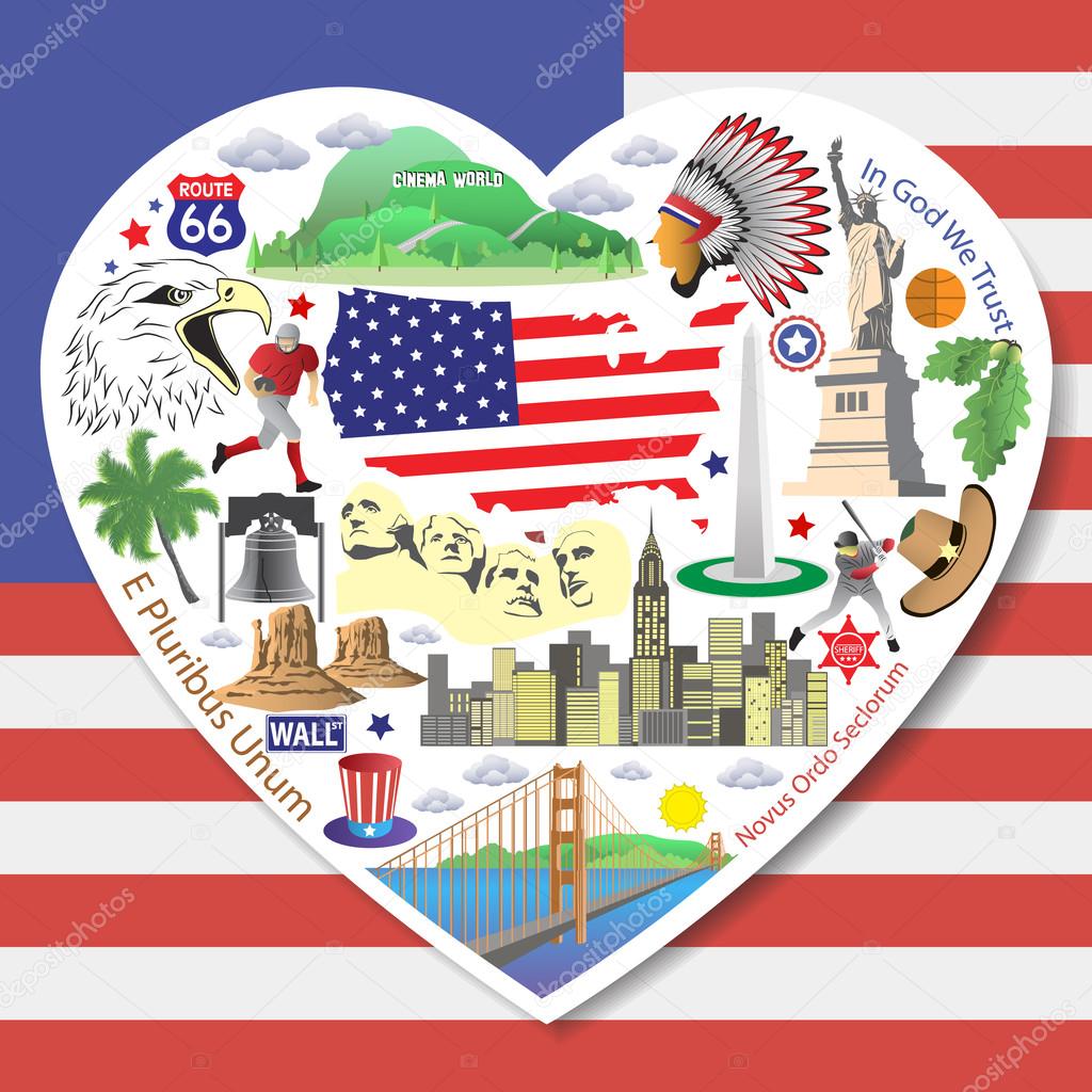 USA Love. Set american landmarks icons and symbols in form of heart