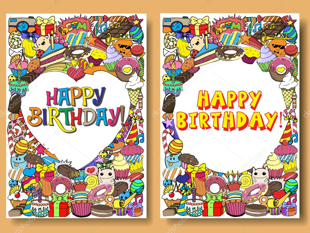 Greeting cards birthday party with sweets doodles background. Vector hand drawn cartoon illustration.