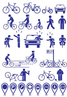 Vector set pictograms bicycle infrastructure icons. Vector bike accessories set.Various cycling poses in silhouettes clipart