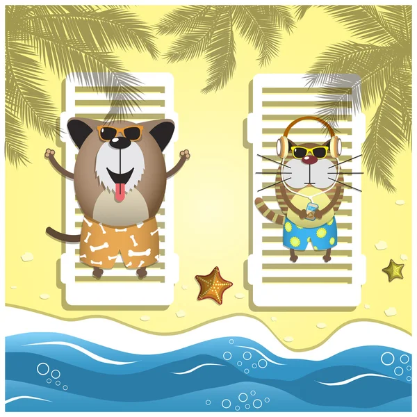 Mascotas. Ilustración vectorial con perro y gato relajados en la playa de arena — Vector de stock