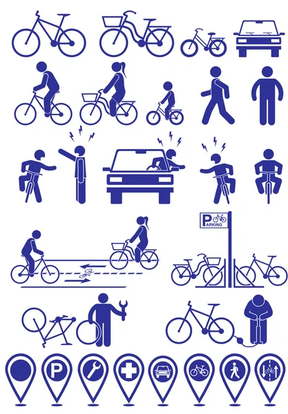 Vector set pictograms bicycle infrastructure icons. Vector bike accessories set.Various cycling poses in silhouettes — Stock Vector