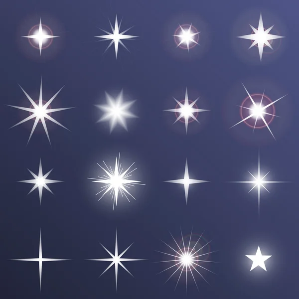 Conjunto de estrellas de efecto de luz brillante vectorial estalla con destellos sobre fondo oscuro. Estrellas vector transparentes — Vector de stock