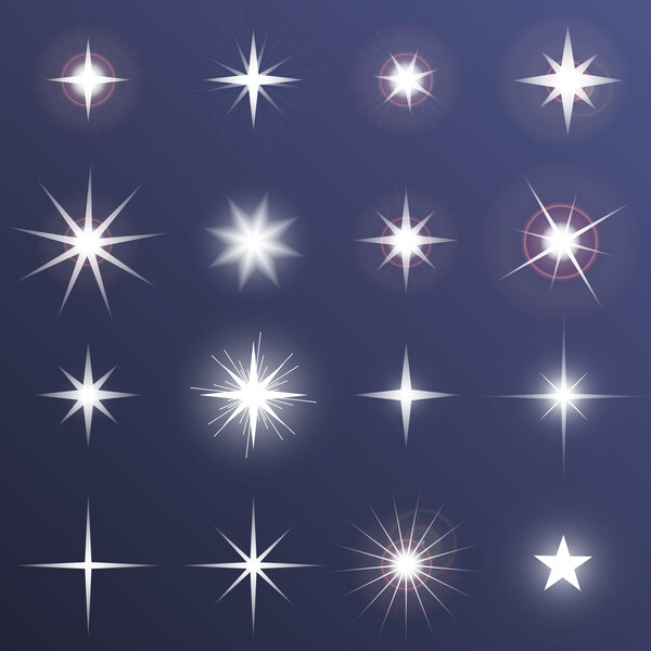 Набор векторных светящихся световых эффектов звезды вспыхивают блестками на тёмном фоне. Прозрачные векторные звёзды
