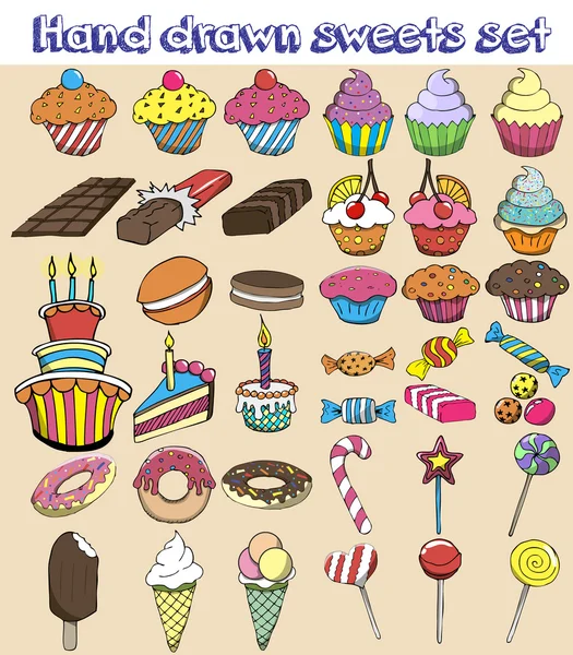 Håndtrukket godteri. Tegnegodteri, søtsaker, sukkertøy, sukkertøy, kake, muffins, smultring, makron, iskrem, gele . – stockvektor