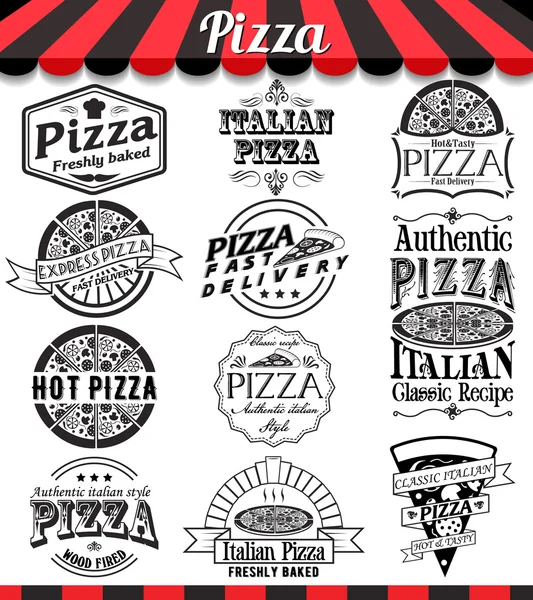 Kolekcja wektor pizzy znaki, symbole i ikony. Wektor pizzy odznaki naklejek i etykiet żywności zestaw. — Wektor stockowy