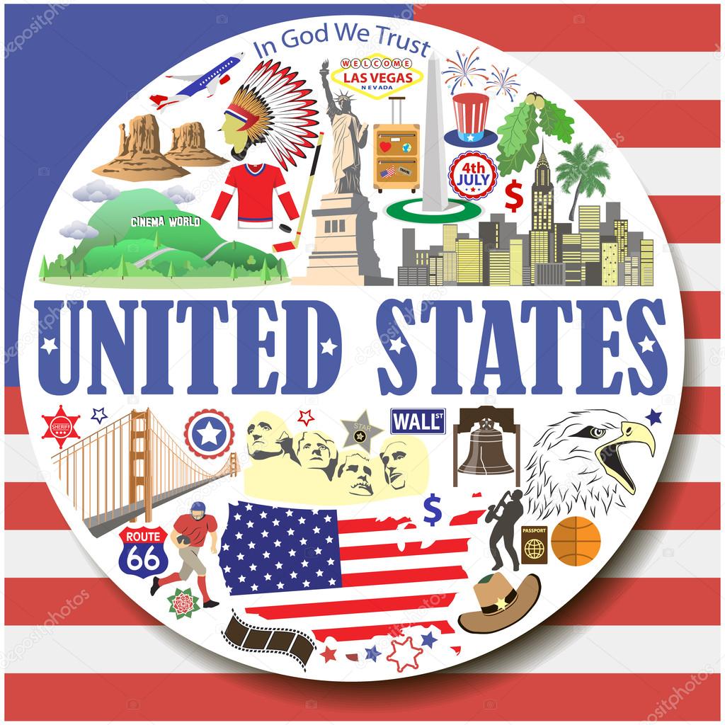 United States round background. Vector colored flat icons and symbols set