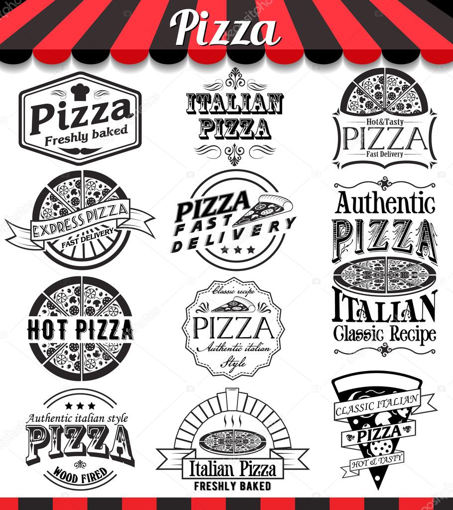 Collection of vector pizza signs, symbols and icons. Vector pizza badges stickers and labels food set.