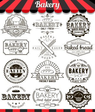 Bakery vintage design elements and badges set. Collection of vector baked goods signs, symbols and icons