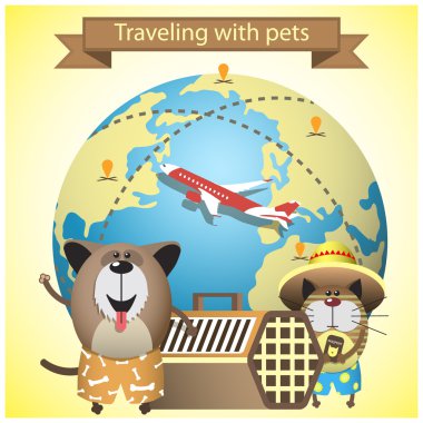 Traveling with pets on airlines. Vector illustration with pets, kennel and earth globe