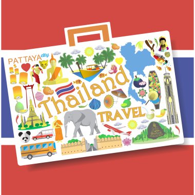 Thailand travel concept. Set vector icons and symbols in form of suitcase