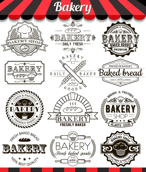 Panadería elementos de diseño vintage y juego de insignias. Colección de vectores de productos horneados signos, símbolos e iconos — Vector de stock