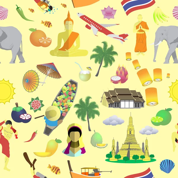 Horizontal and vertical seamless pattern with thai symbols, landmarks and fruits. Vector illustration background — ストックベクタ