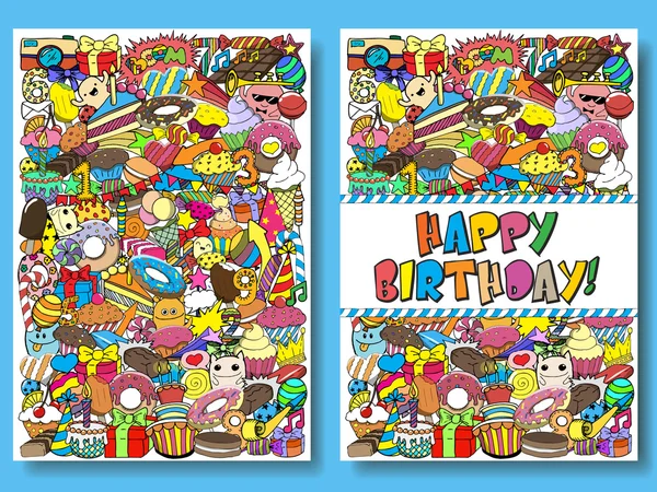 Cartões de saudação modelos de festa de aniversário com doces doodles fundo. Ilustração vetorial . —  Vetores de Stock