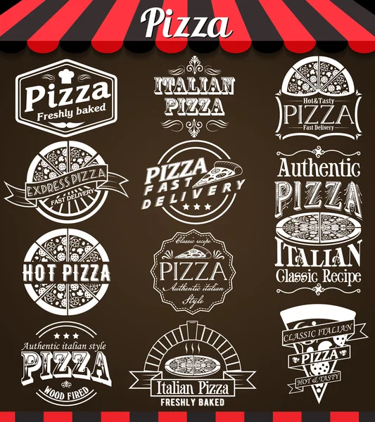 Colección Vector Blanco de Etiquetas e Insignias de Pizza en Estilo Vintage — Archivo Imágenes Vectoriales