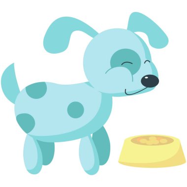 Köpek vektörü. Yavru köpek çizgi film ikonu yiyor. Hayvan ve yiyecek. Mutlu köpek karakterleri ve düz kâse çizimleri. Aç köpek beslemesi beyaz arkaplanda izole edildi