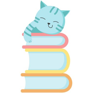 Komik kedi hayvan vektörü. Kitap yığınının üzerinde uyuyan tembel kedi yavrusu. Beyaz arkaplanda izole edilmiş ders kitabı yığın illüstrasyonunda sevimli karakter şekerlemesi