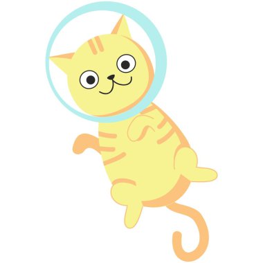 Komik kedi yavrusu kozmonot vektör çizgi film karakteri ikonu. Beyaz arka planda izole edilmiş astronot kaskıyla uçan kedi. Sevimli hayvan uzay adamı.