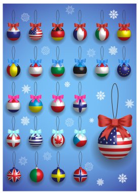Noel dekorasyonu ile farklı uluslararası bayrakları ayarlayın. Noel gerçekçi renkli topları asılı.