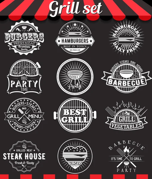 Grill vintage design elements and badges set on chalkboard — Stock Vector