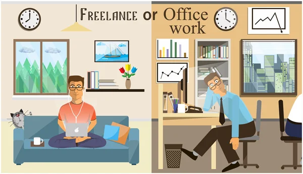 Η έννοια της δουλειά γραφείου και το freelancing. Σκηνές των ατόμων που εργάζονται στο γραφείο — Διανυσματικό Αρχείο