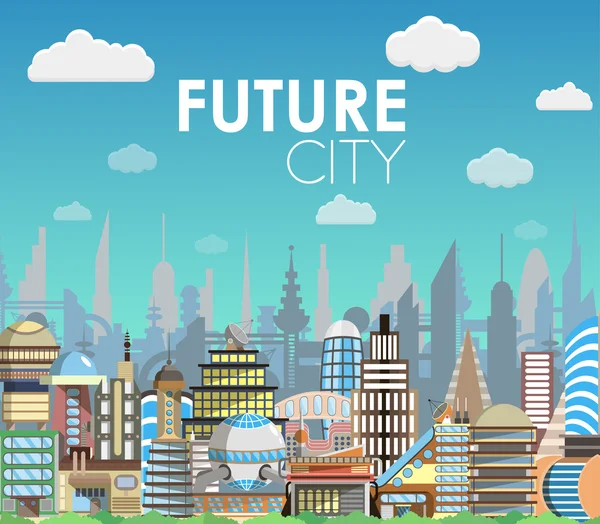 未来都市の風景漫画ベクトル イラスト。モダンな建物セット. — ストックベクタ