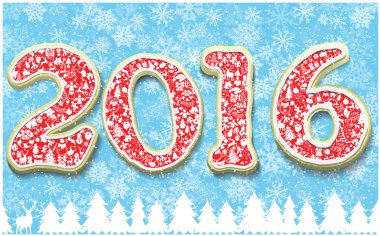 Yaratıcı mutlu yeni yıl 2016 gingerbread tasarım şeklinde. Yıl sayı çerezleri kar taneleri arka plan olarak.