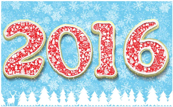 Yaratıcı mutlu yeni yıl 2016 gingerbread tasarım şeklinde. Yıl sayı çerezleri kar taneleri arka plan olarak.