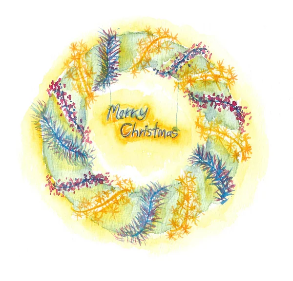 Christmas wreath with marry christmas.Christmas watercolor illustration — 스톡 벡터