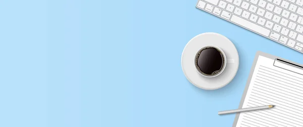 平面放置最小的工作空间 顶部写字台配备电脑键盘 剪贴板和带有复制空间的蓝色背景咖啡杯 矢量插图 — 图库矢量图片
