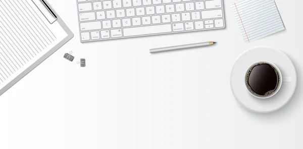 Flat lay minimal work space, Top view office desk with computer keyboard, clipboard and coffee cup on white color background with copy space, vector illustration