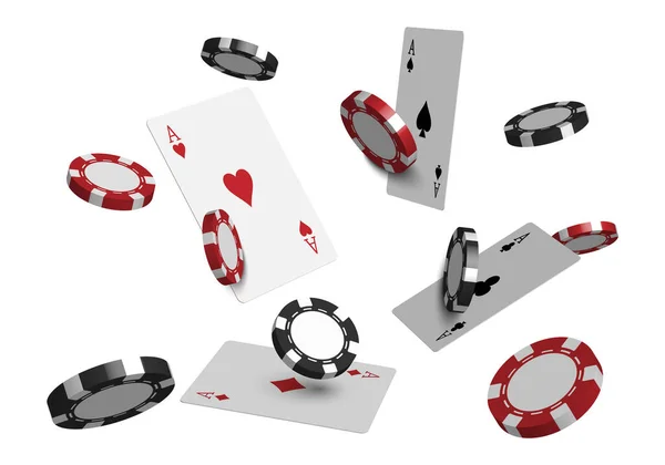 Casino Poker Kaarten Het Spelen Van Chips Geïsoleerd Witte Achtergrond — Stockvector